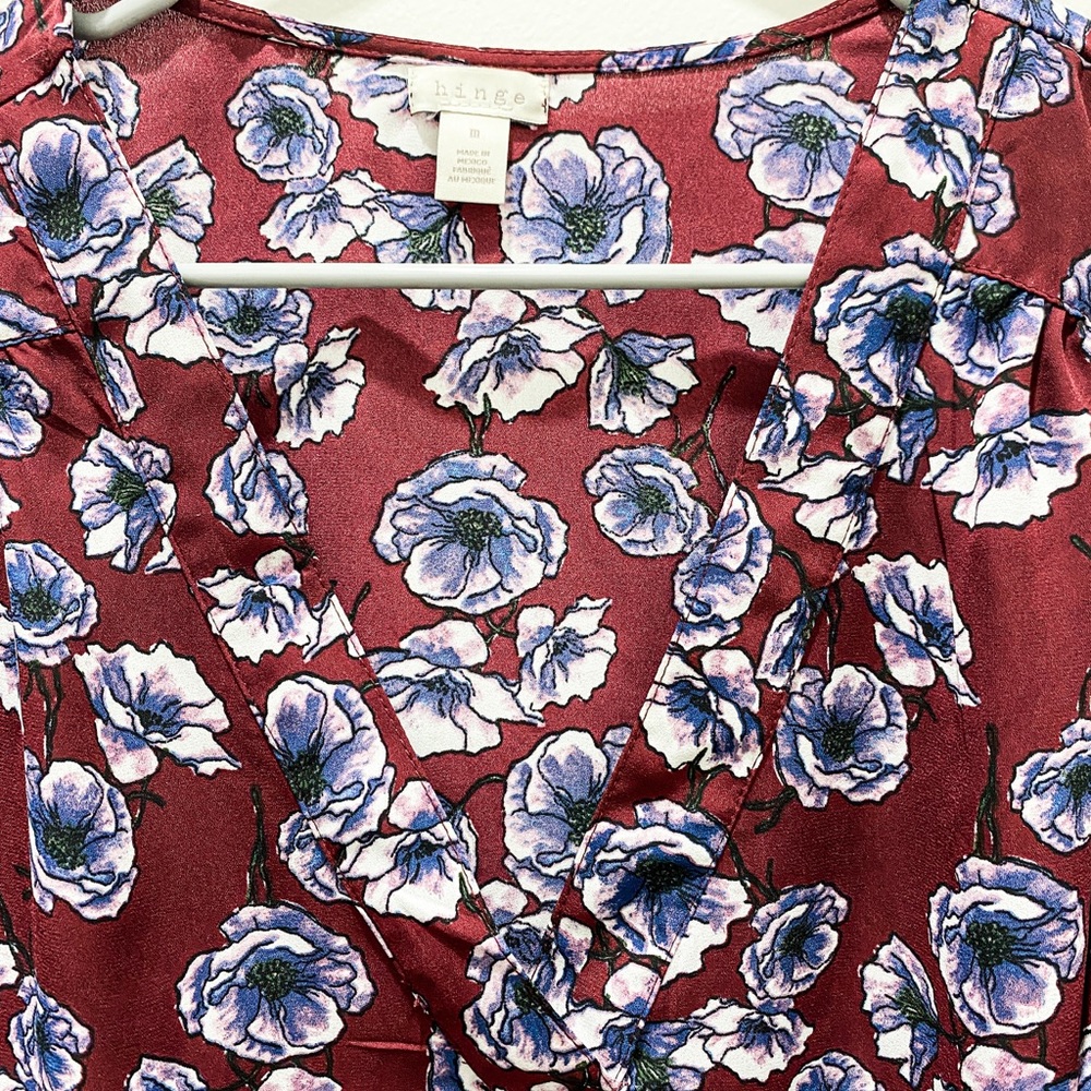 HINGE Maroon Floral Print V-Neck Blouse - Picture 10 of 14